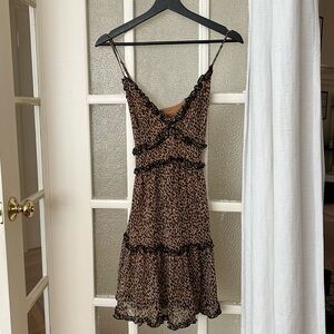 Brown Leopard Print Slip Dress with Lace Trim